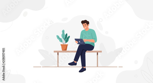 Modern Flat Illustration of a Man Using a Tablet While Sitting on a Bench with a Plant