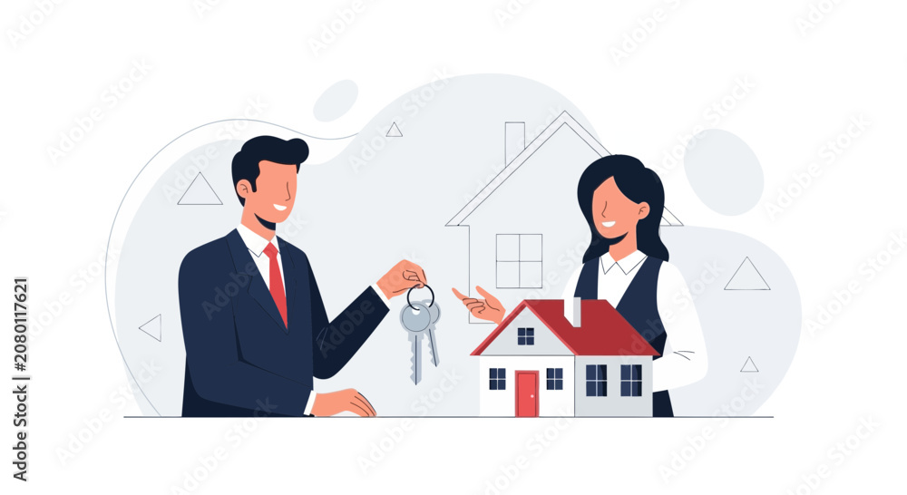 Naklejka premium Real Estate Agent Hands Over House Keys to New Homeowner, Representing Property Sale and Ownership Transfer