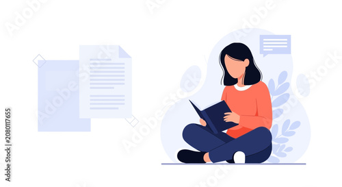 Modern Flat Illustration of a Woman Reading Book Amidst Documents, Concept of Education, Knowledge, and Learning