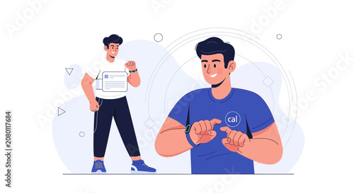 Modern illustration of two men interacting with smartwatches, showcasing technology and communication concepts.
