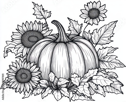 large pumpkin nestled among sunflowers, assorted leaves and foliage, evoking cozy autumnal warmth and rustic tranquility