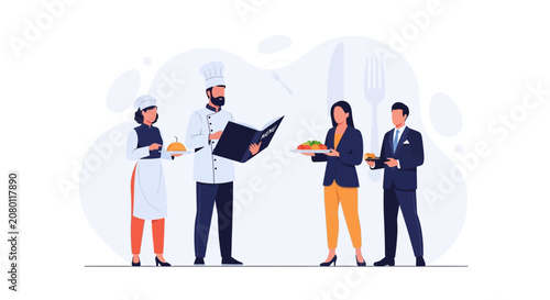 Restaurant Team Serving Food and Presenting Menu - Vector Illustration of Chefs and Waitstaff in a Culinary Setting