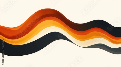 layered flowing curved bands in warm oranges, yellows and dark charcoal on a cream background conveying dynamic, soothing retro wave motion