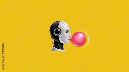 AI Robot Wearing Headphones Blowing Pink Bubble Gum on Yellow Background