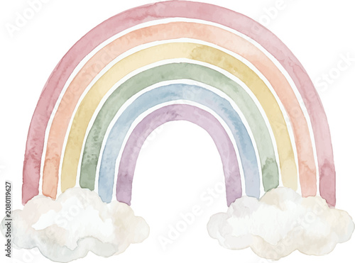 Soft pastel watercolor rainbow art with fluffy white cloud illustrations. Suitable for childrens book covers, nursery decor, or greeting cards.
