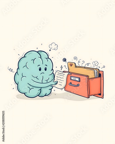 Brain Character Reading Document Beside Open File Folder Representing Knowledge and Learning