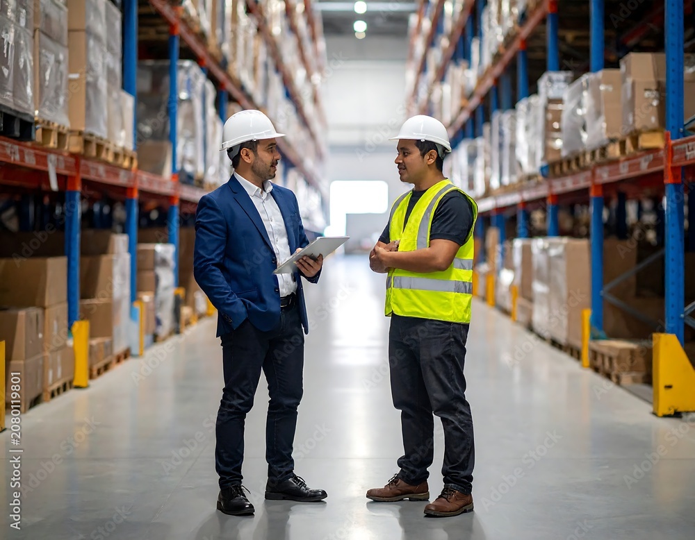 Obraz premium Two workers in a warehouse discussing documents