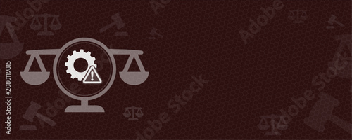 Fotografie Legal concept graphic featuring a mechanical gear and a warning sign balanced on scales, providing generous copy space for text