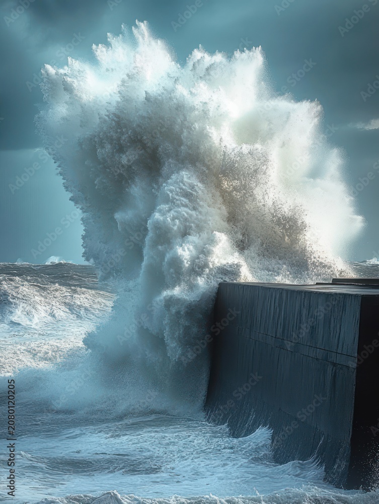 Fototapeta premium Massive ocean wave exploding into spray over a concrete seawall under a stormy sky, dramatic and awe-inspiring power of the sea