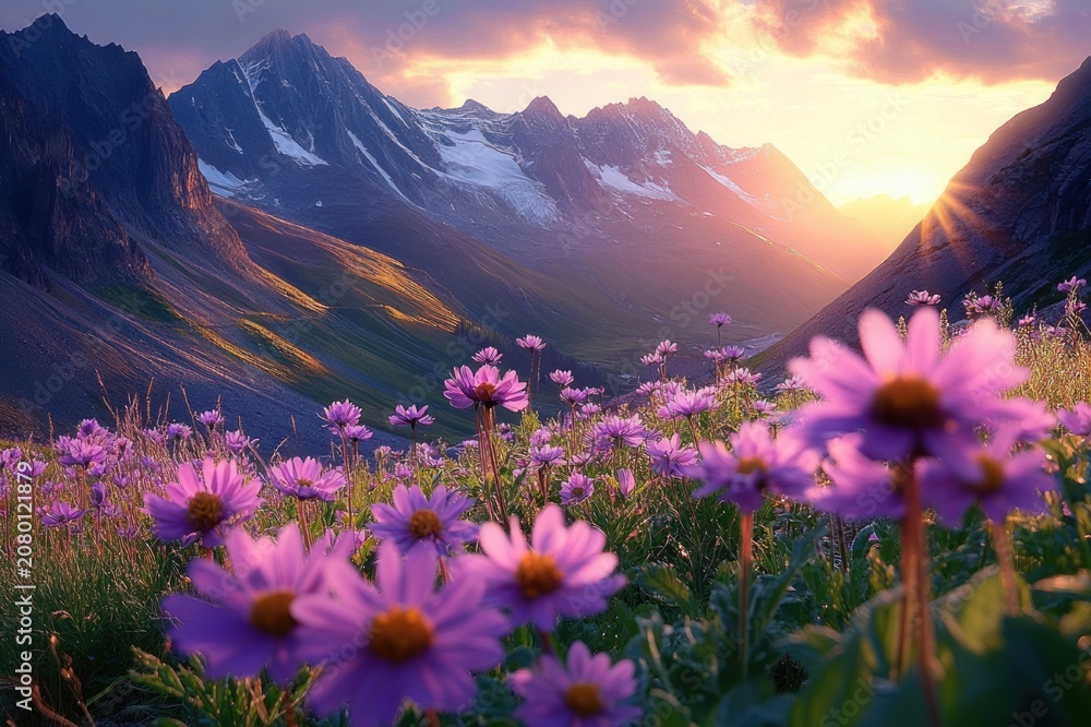 Obraz premium purple wildflowers carpeting an alpine meadow beneath sunlit snow-capped mountains at golden sunrise, serene and awe-inspiring