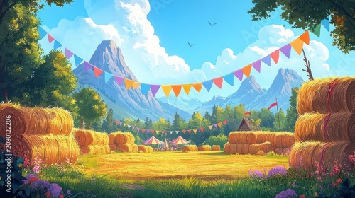 Sunny mountain meadow with stacked hay bales, colorful pennant banners and tents, wildflowers and trees under blue sky with birds, cheerful festive countryside scene