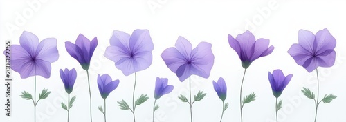 delicate row of pale purple flowers with green stems and leaves on white background conveying a soft serene minimalist botanical illustration