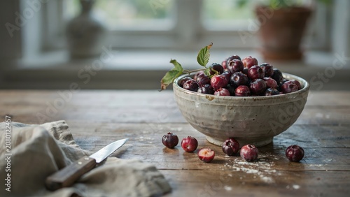 Rustic kitchen bowl filled with fresh cherries on weathered wooden table