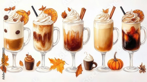Six autumn coffee drinks in glass mugs with whipped cream, orange slices, cinnamon sticks and straws, surrounded by a small pumpkin, cupcake, espresso cup, coffee beans and fall leaves, cozy and warm