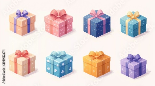 Eight pastel wrapped gift boxes with ribbons and bows, patterned designs, soft lighting, cheerful festive mood