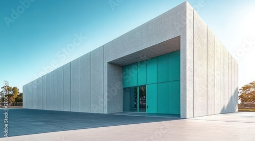Minimalist monolithic concrete building with recessed turquoise entrance and empty sunlit plaza under clear blue sky, calm, serene atmosphere