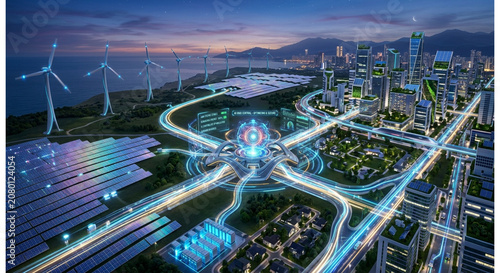 An aerial view of a futuristic smart city hub at twilight, featuring glowing traffic networks, sustainable green architecture, renewable wind turbines, and advanced urban transportation infrastructure