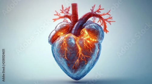 Glowing blue anatomical human heart with illuminated orange coronary vessels and pulsing electrical energy, suspended on a soft light background with dramatic intensity