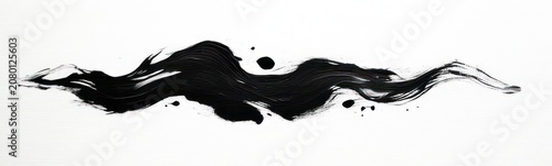 Bold flowing black brushstroke with splatters on white background conveying dynamic, graceful motion