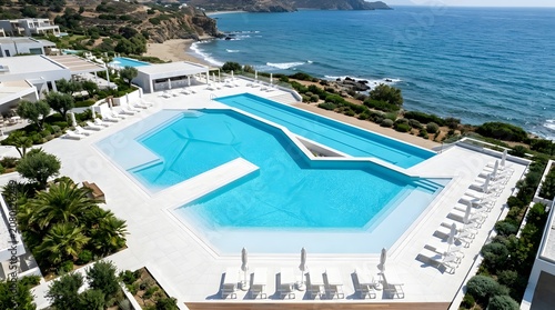 Aerial View of Modern Luxury Resort Swimming Pool Near Ocean Coast