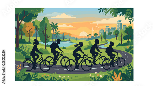 Friends cycling together in a park at sunset