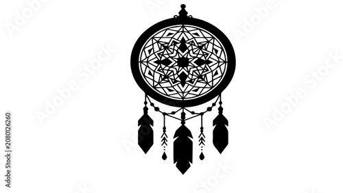 Black dreamcatcher with feathers and web, mystical symbol for bohemian decor
