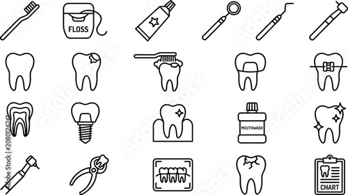 Bild auf Leinwand Dental care vector line icons set of teeth health, dental clinic instruments, st