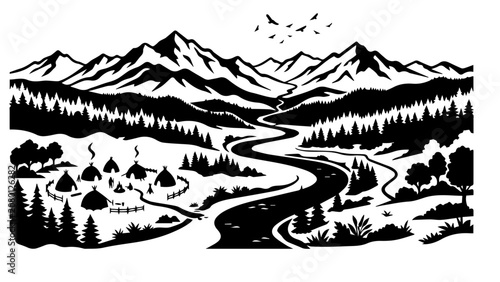 Black and white mountain landscape with river and village silhouette