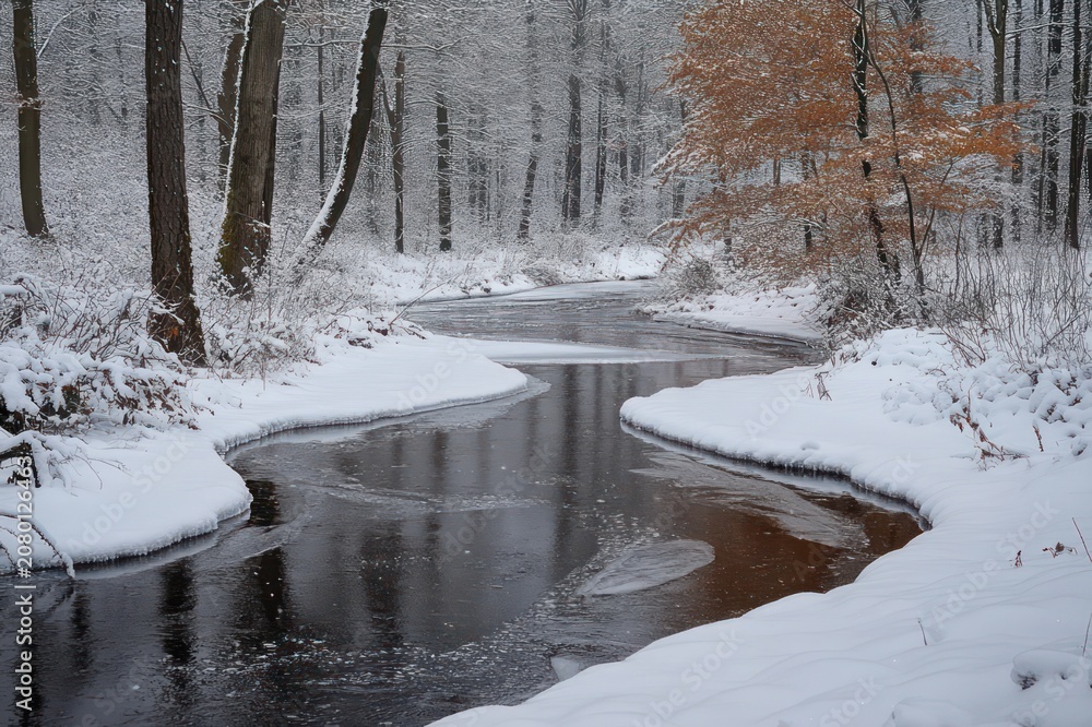 Obraz premium Serene snowy forest stream winding between snow-covered banks and bare trunks with a single orange-leaved tree, quiet winter landscape