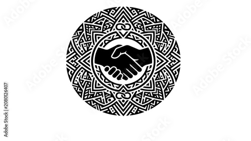Handshake in a circle with ethnic pattern, symbolizing partnership and unity