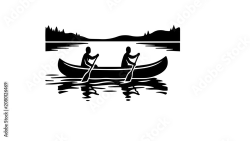 Canoeing on a serene lake at sunset silhouette vector