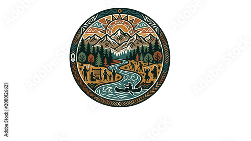 Vibrant Nature Landscape Circular Emblem with Mountains, Forest, and River