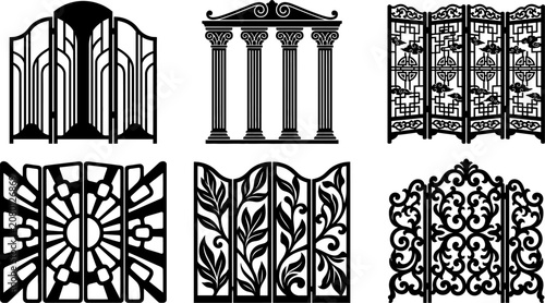 Black vector silhouettes of decorative room dividers, folding screens, and classical columns templates for laser cutting and engraving