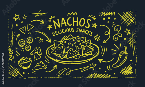 Bild auf Leinwand Nachos Mexican food hand drawn doodle elements background