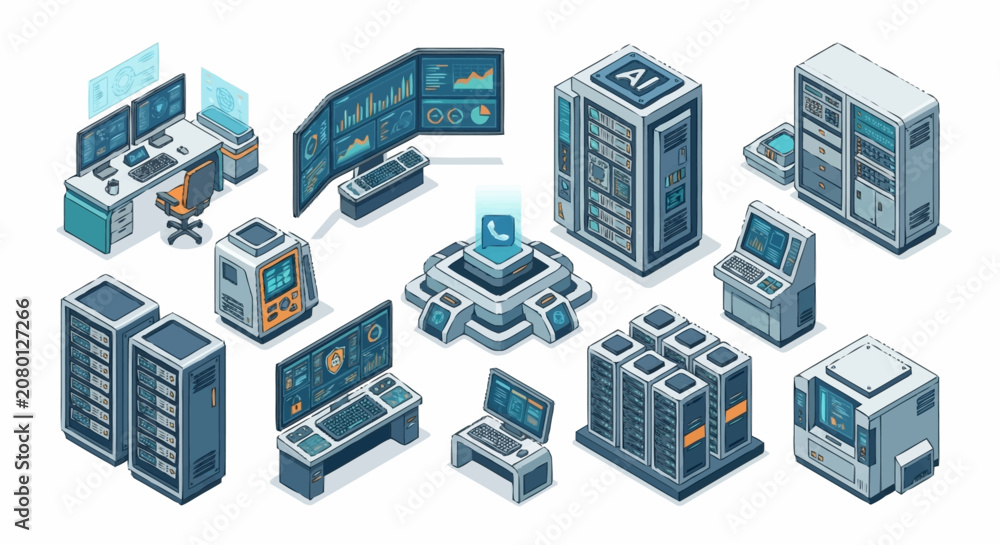 Fototapeta premium Isometric Vector Illustration of Modern Data Center Equipment.