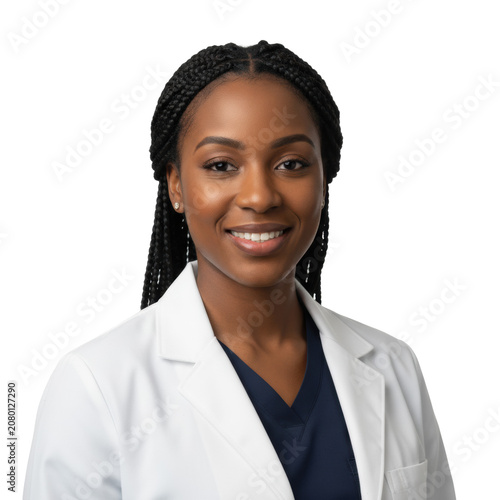 Young black female physician with braided hair wearing a white lab coat and blue scrubs standing against a bright white background, professional medical atmosphere