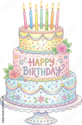 Multilayered pastel birthday cake with lit candles, sweet decorations, floral icing. Perfect for birthday invitations, party decorations, celebrations.