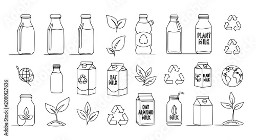 Plant Milk Packaging and Eco Symbols: Vegan Drinks, Bottles, Cartons, Leaves, Earth