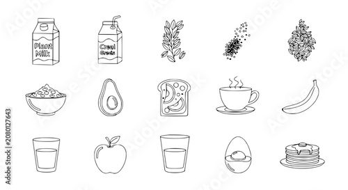 Hand-Drawn Breakfast Icons: Cereal, Fruit, Coffee, Avocado, Eggs, Pancakes
