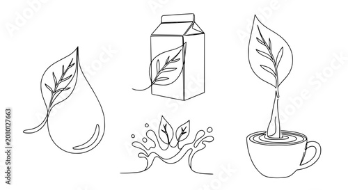 Organic Beverage Icons: Leaf, Water Drop, Milk Carton, Cup Splash, Continuous Line Art