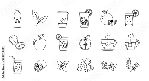 Healthy Drinks and Ingredients Line Art Icons Set