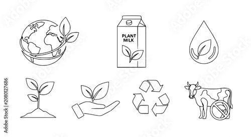 Plant Milk, Earth, Recycling Icons: Vegan, Eco-Friendly, Sustainable Lifestyle Collection