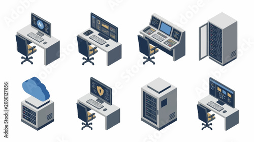 Isometric office computer workstations and servers setup.