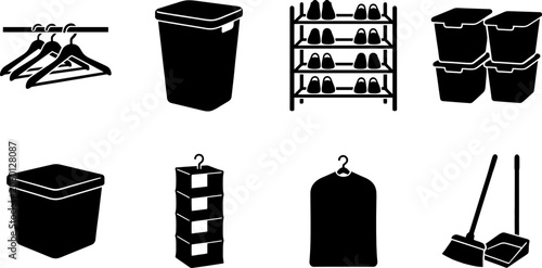 Fotografie Comprehensive collection of household organization, storage, and cleaning tools silhouettes, perfect for home management and tidiness projects