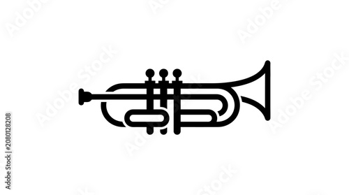 Minimalist black and white line art icon of a trumpet