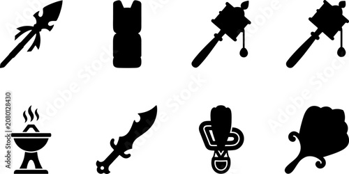 Cuadro en lienzo Diverse collection of traditional and spiritual cultural objects depicted as black silhouette icons, representing ancient artifacts, ceremonial tools, and historical weaponry