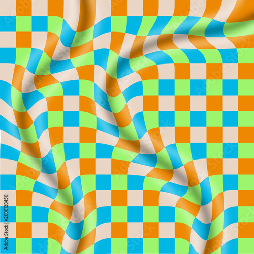 Vibrant Wavy Checkerboard Abstract Background with Fabric Effect