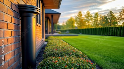 sunlit brick house exterior with black downspout, trimmed flowering hedges and wide manicured lawn under golden sunset, calm and serene suburban garden