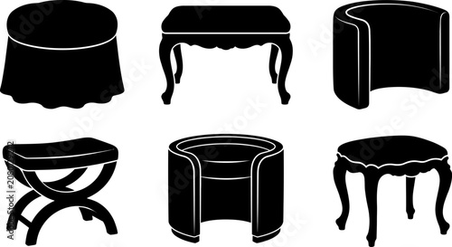Set of classic and modern stool ottoman and footstool black silhouettes for interior design icons isolated on white