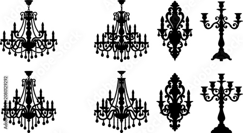 Set of elegant vintage chandelier silhouettes, baroque wall sconces, and classic candelabras for antique home decor illustration